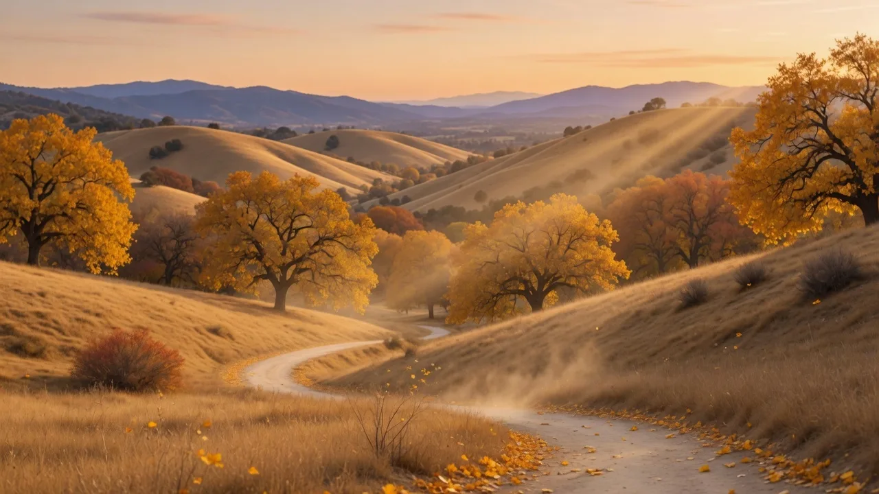 Golden autumn hills and winding trail in Santa Clarita Valley