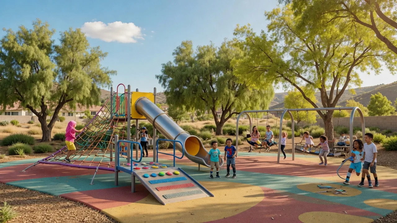 Modern inclusive adventure playground at a Santa Clarita Valley park with families playing