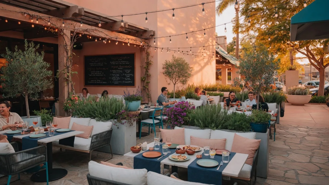 Outdoor dining patio at a modern restaurant during golden hour in Santa Clarita