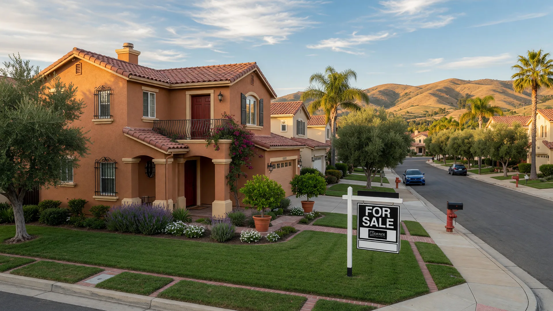 Attractive suburban home for sale in Santa Clarita Valley with For Sale sign
