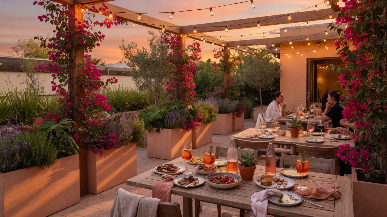 Outdoor dining patio at golden hour in Santa Clarita Valley
