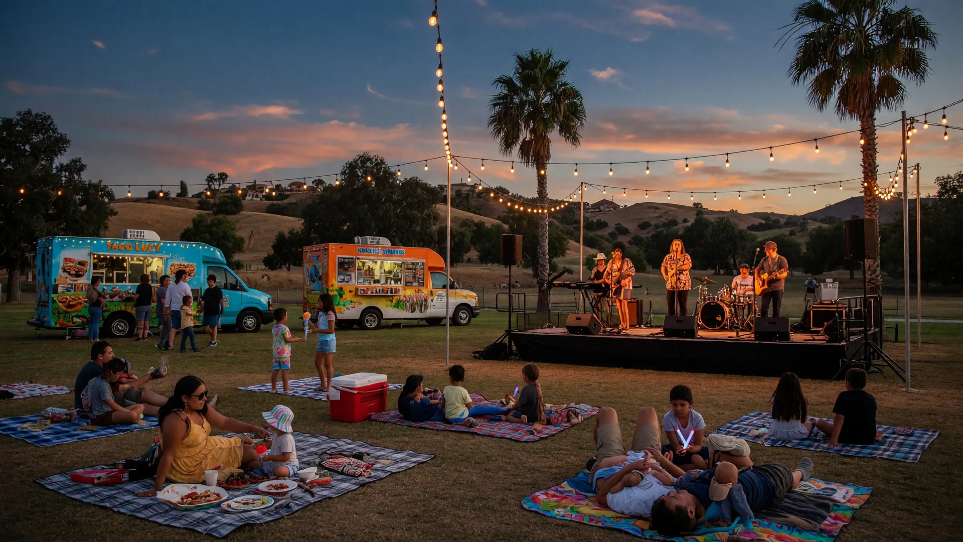 Families enjoying a summer evening community concert in a Santa Clarita Valley park at golden hour