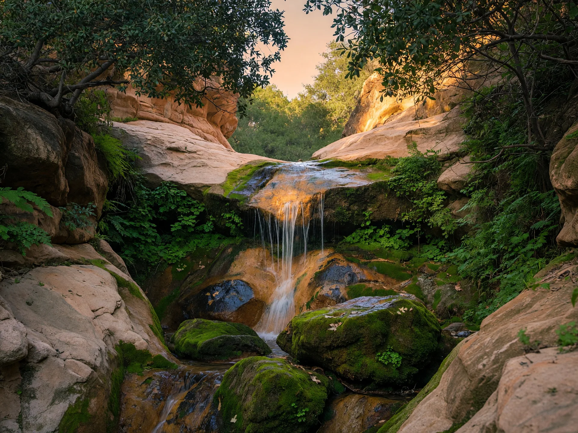 Seasonal waterfall cascading over sandstone rocks in Whitney Canyon, Santa Clarita Valley