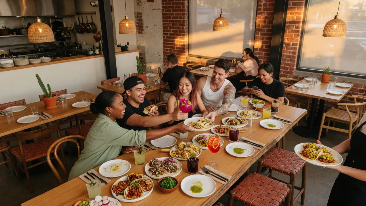 Casual dining restaurant interior with warm lighting and friends sharing food
