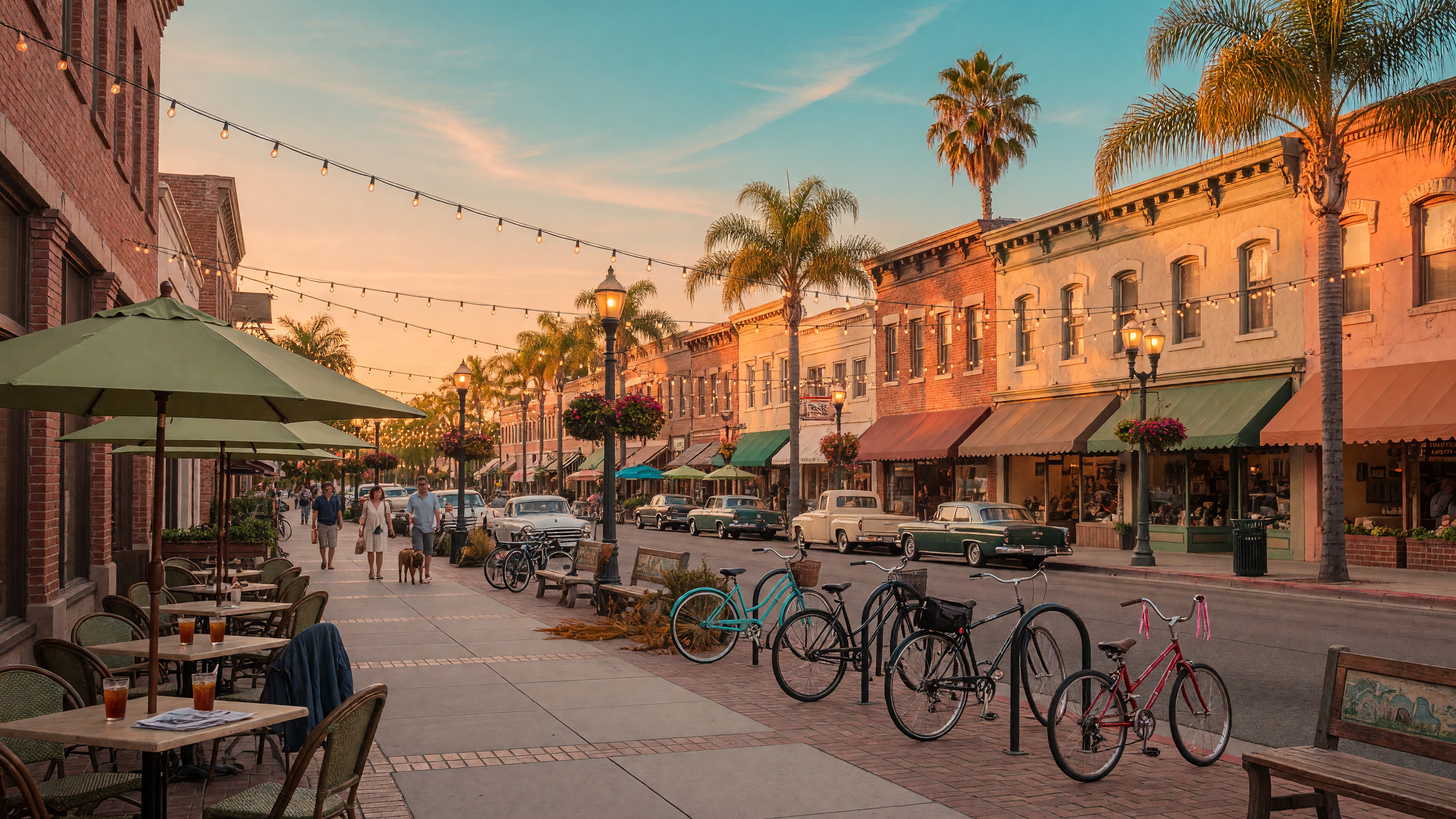 Golden hour on a charming Santa Clarita Valley main street with outdoor dining
