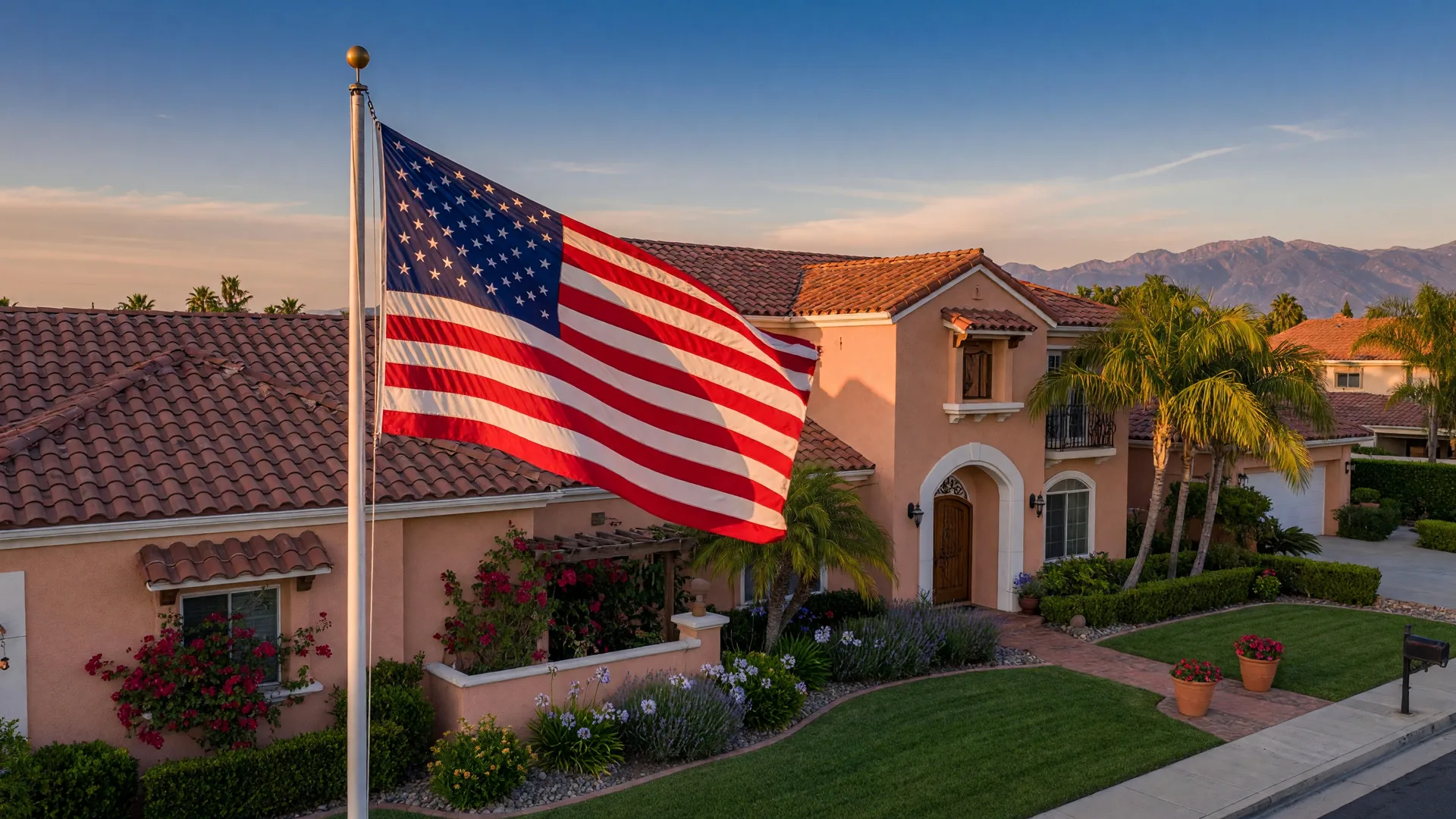 American flag waving in golden hour light in front of a Southern California home