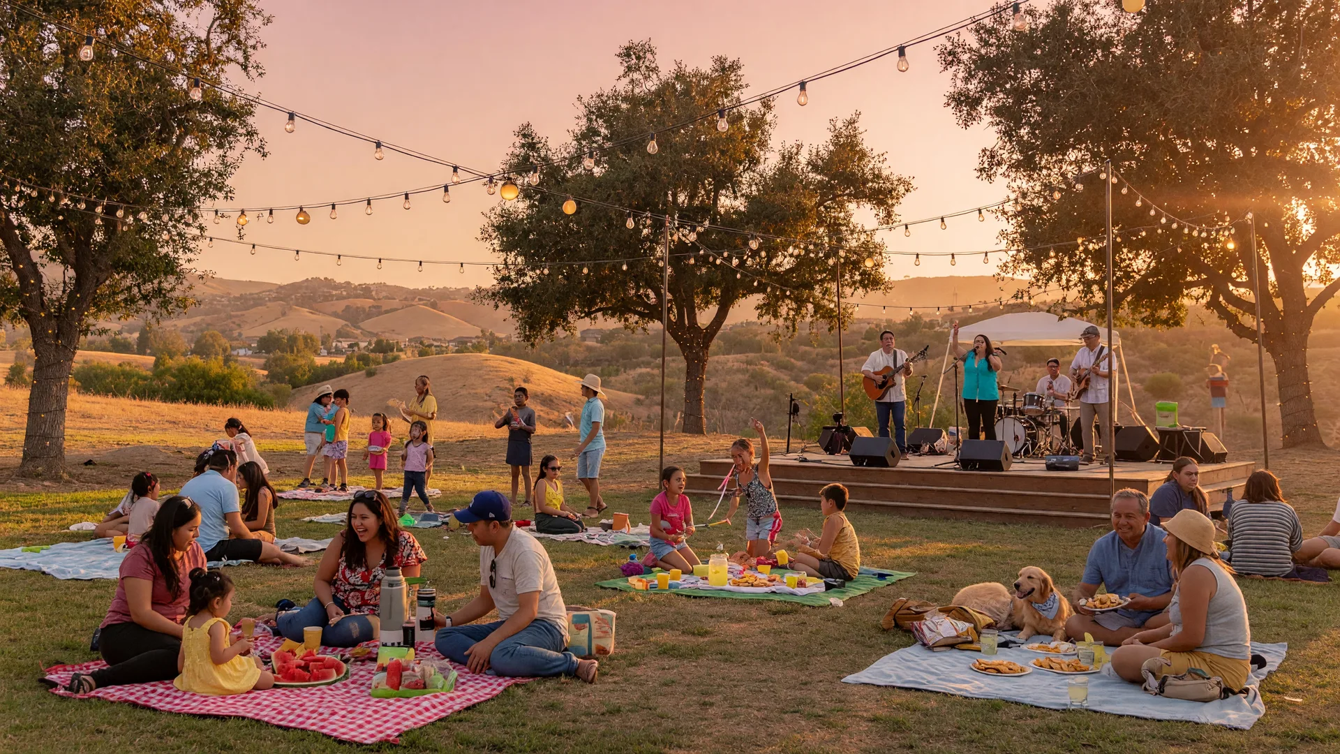 Golden-hour community gathering at a Santa Clarita Valley park with string lights and families