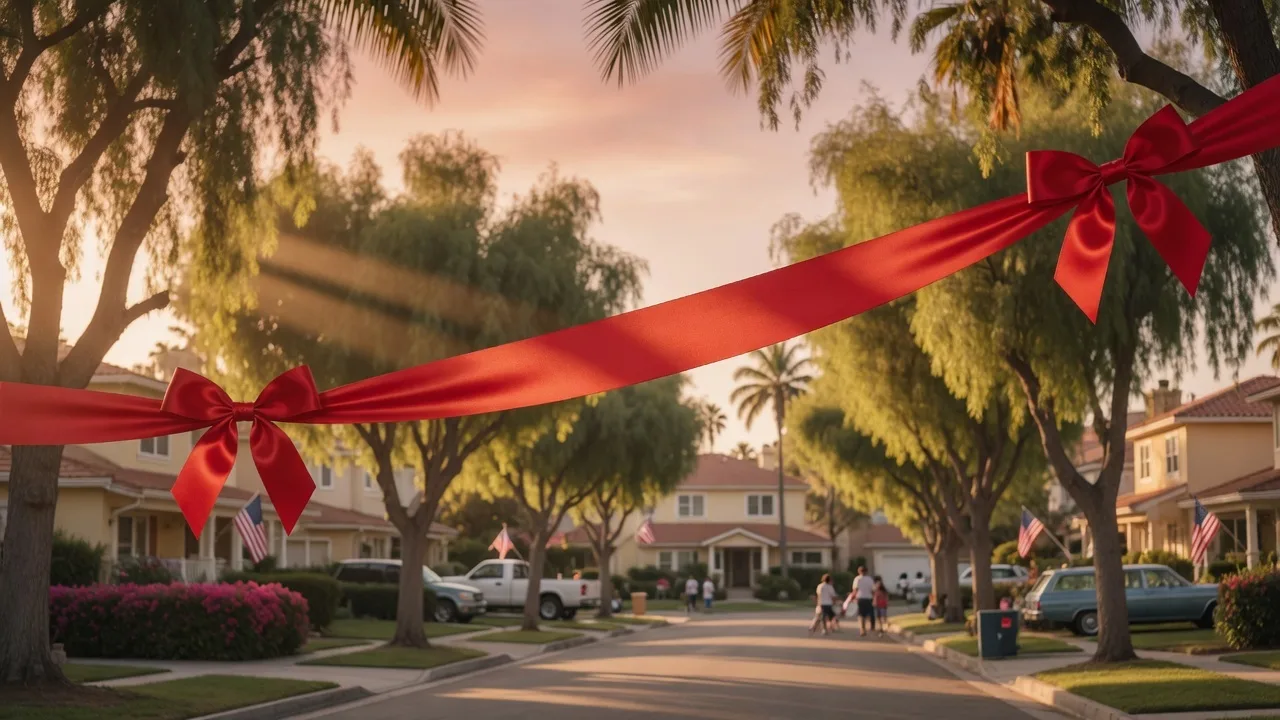 Red ribbon banner on a tree-lined street representing RED Friday military appreciation