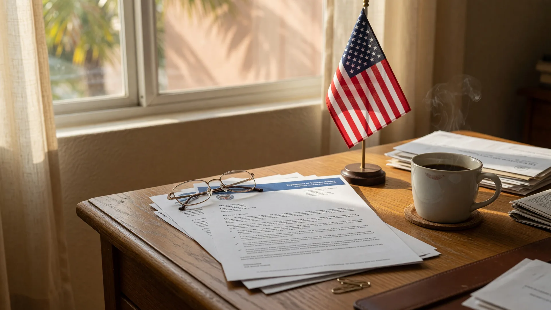 VA disability benefits paperwork and an American flag on a desk in a warm home office setting