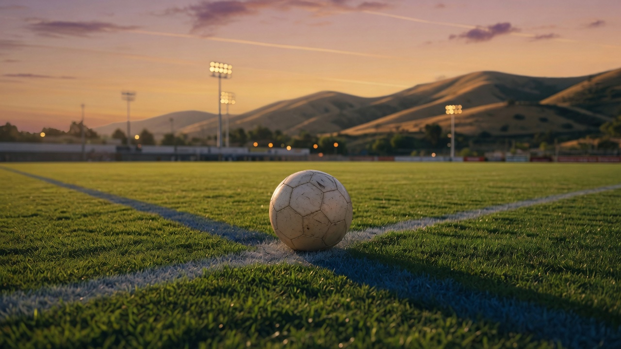 Soccer ball on a green field with Santa Clarita Valley hills at sunset representing USA World Cup coverage