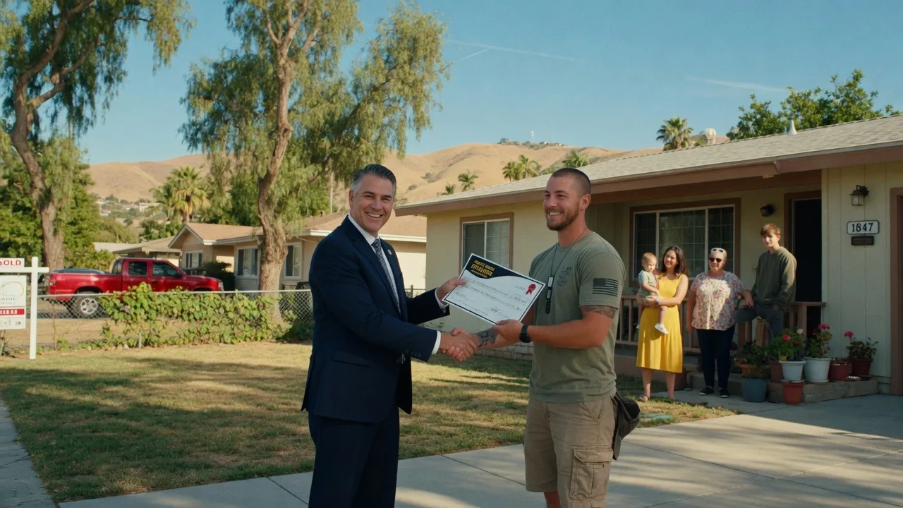 Sam Silver presenting a Homes for Heroes check to U.S. Army veteran Andrew Villegas in front of his Canyon Country home