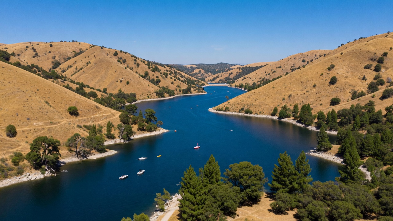 Castaic Lake in summer with blue water and golden hillsides