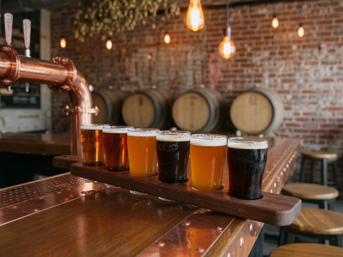 A beautifully presented flight of craft beers at a Santa Clarita Valley brewery taproom with warm amber lighting