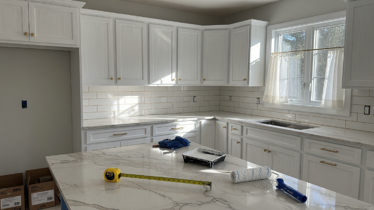 Newly renovated kitchen with white cabinets and quartz countertops