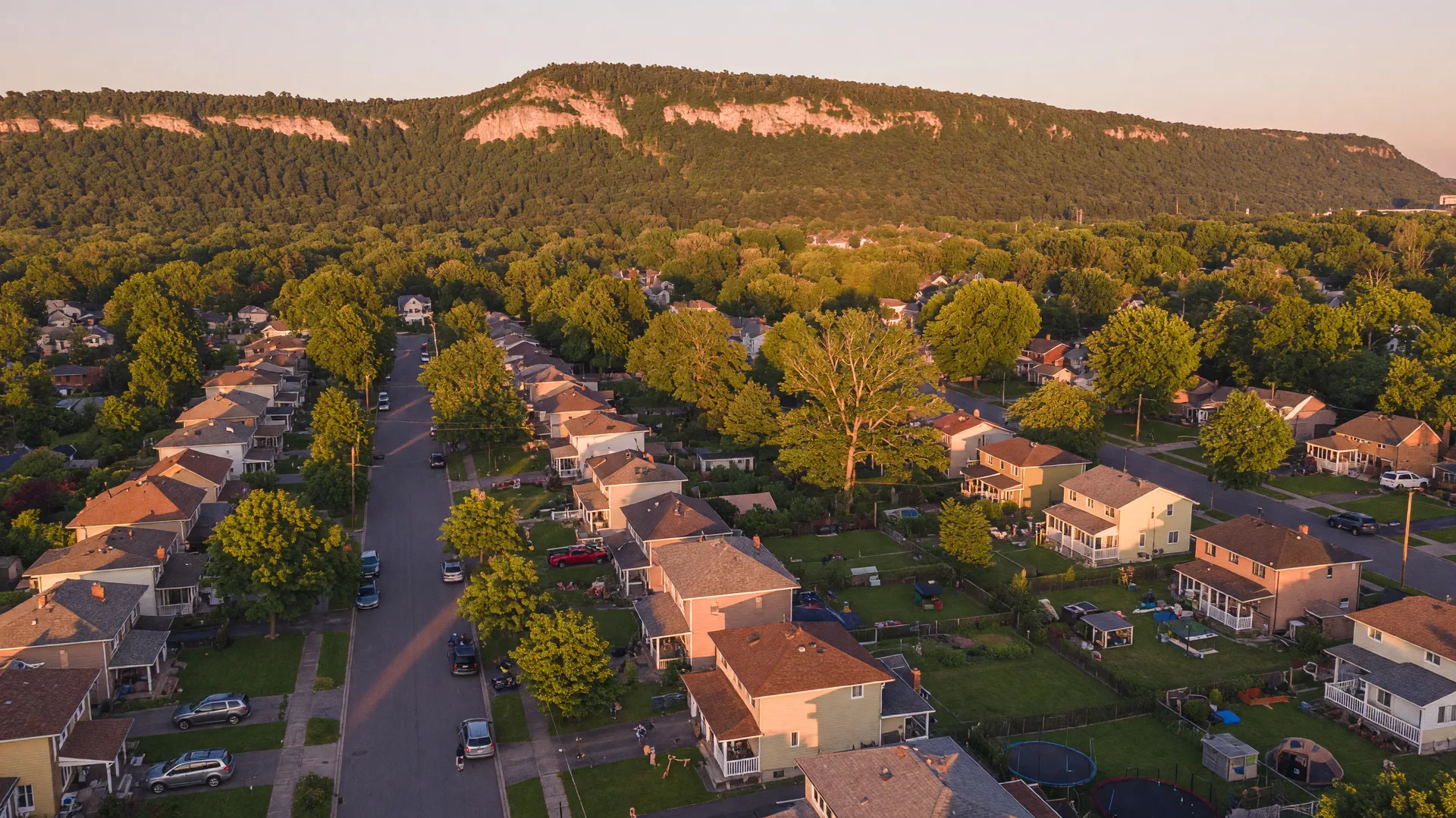 Aerial view of a Hamilton Mountain neighbourhood at golden hour