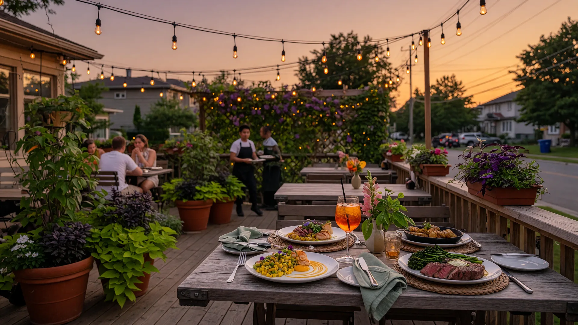 Restaurant patio with warm evening atmosphere
