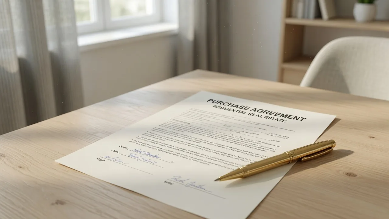 Real estate purchase agreement document on a desk