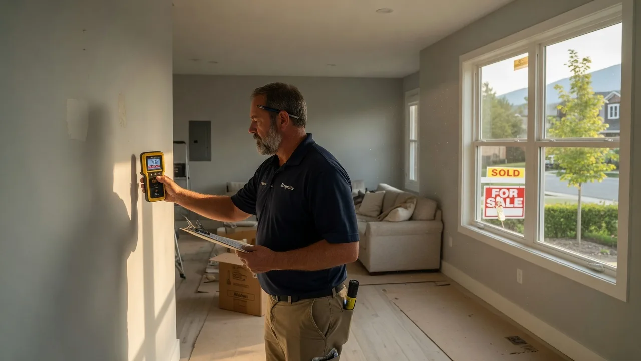 Home inspector examining a wall in a bright Hamilton Mountain home