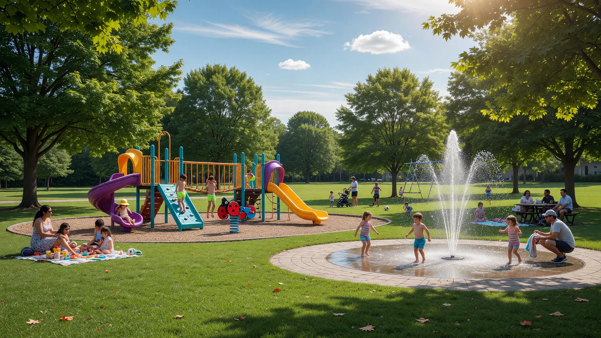 Family-friendly park with playground and splash pad on a sunny day