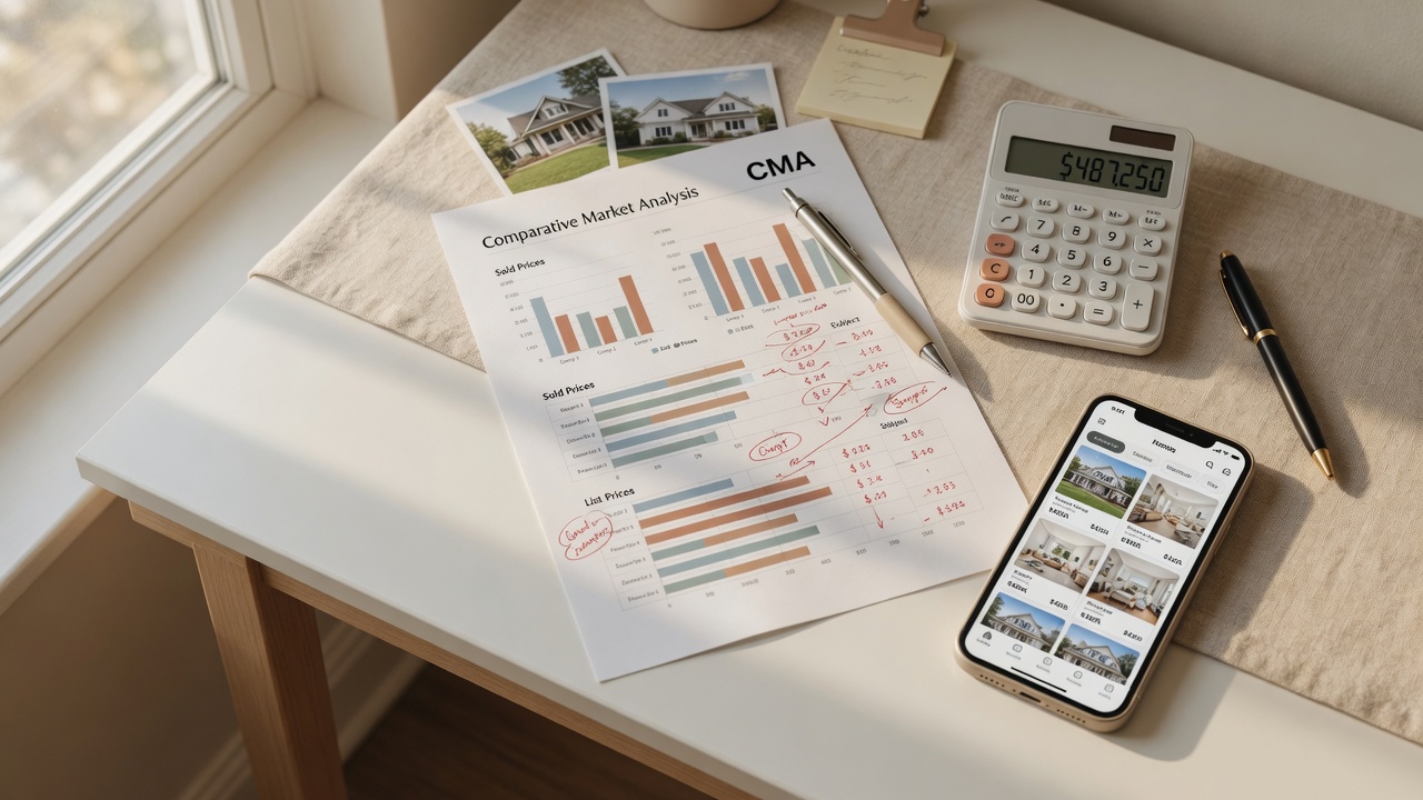 Real estate pricing documents on a desk