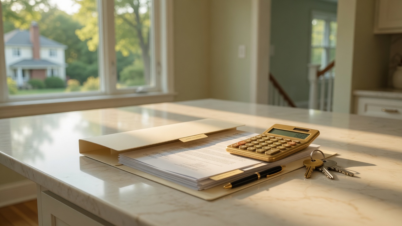 Real estate closing documents and keys on a kitchen counter