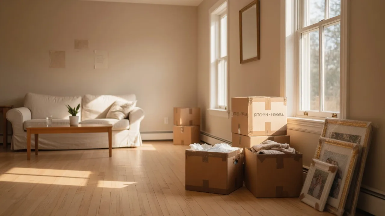 Organized living room with moving boxes in a bright Hamilton Mountain home