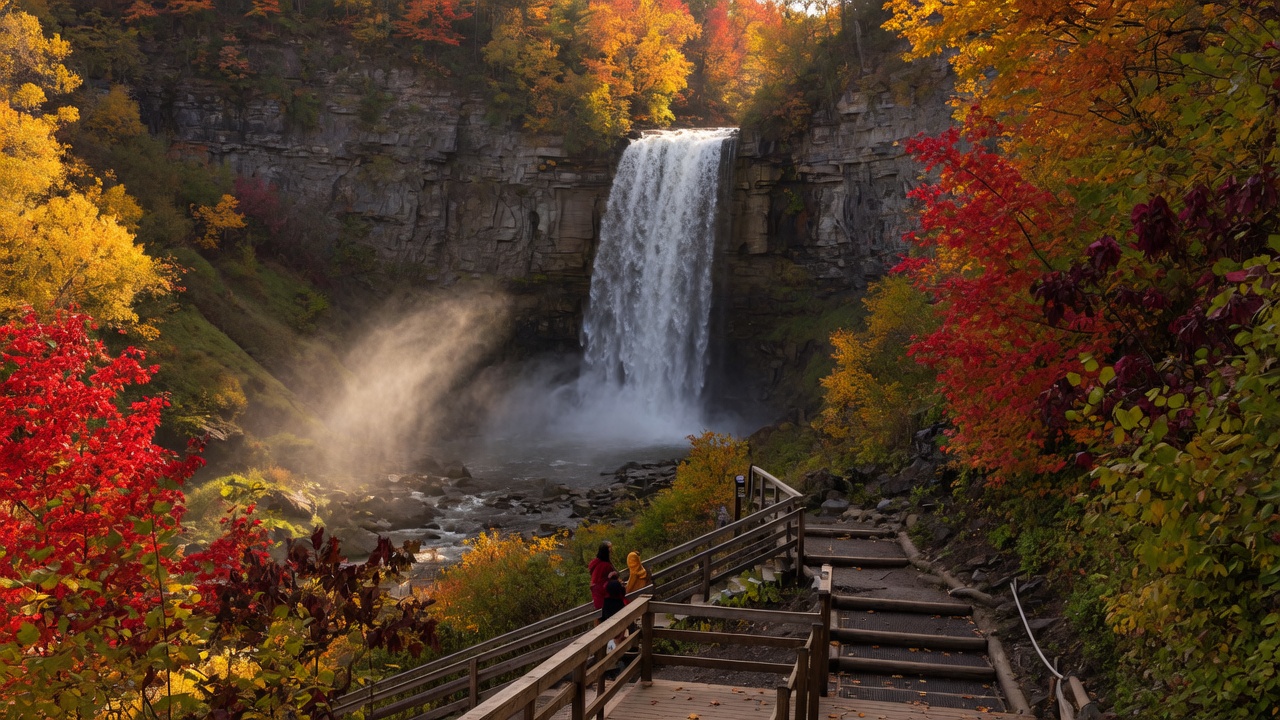 Hamilton waterfall surrounded by golden autumn foliage