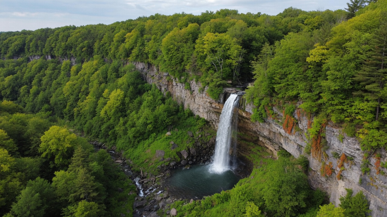 Aerial view of Hamilton's Niagara Escarpment covered in green forest