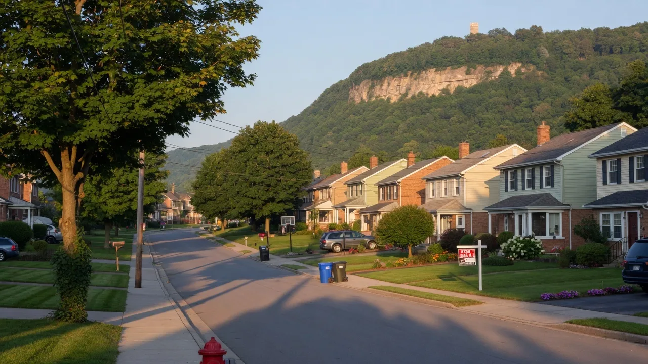 Quiet Hamilton Mountain residential street with for sale sign and escarpment backdrop