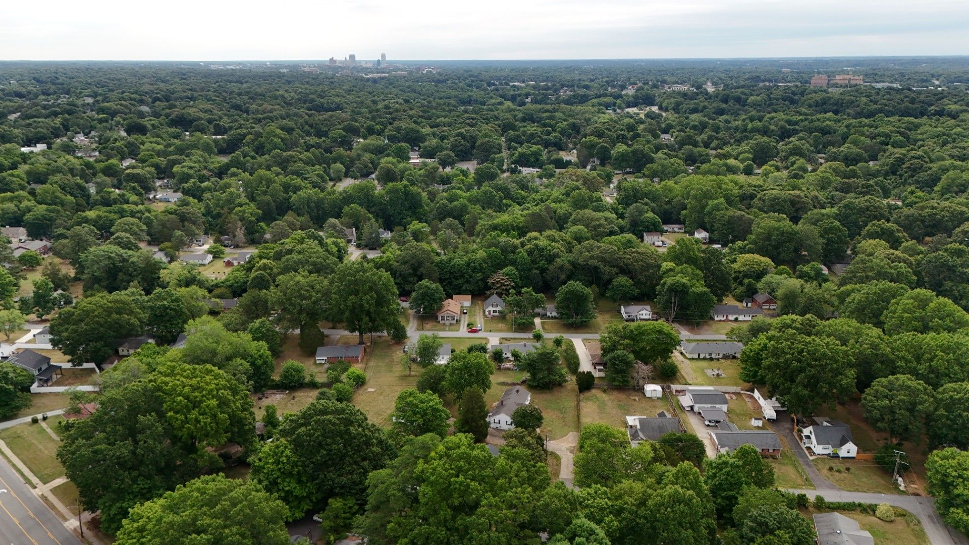 Wide aerial showing neighborhood and tree canopy