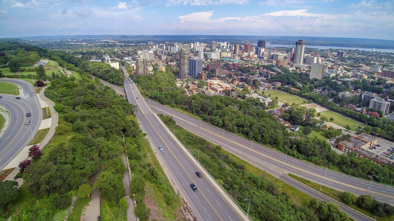 Aerial view of Hamilton Mountain and the city below