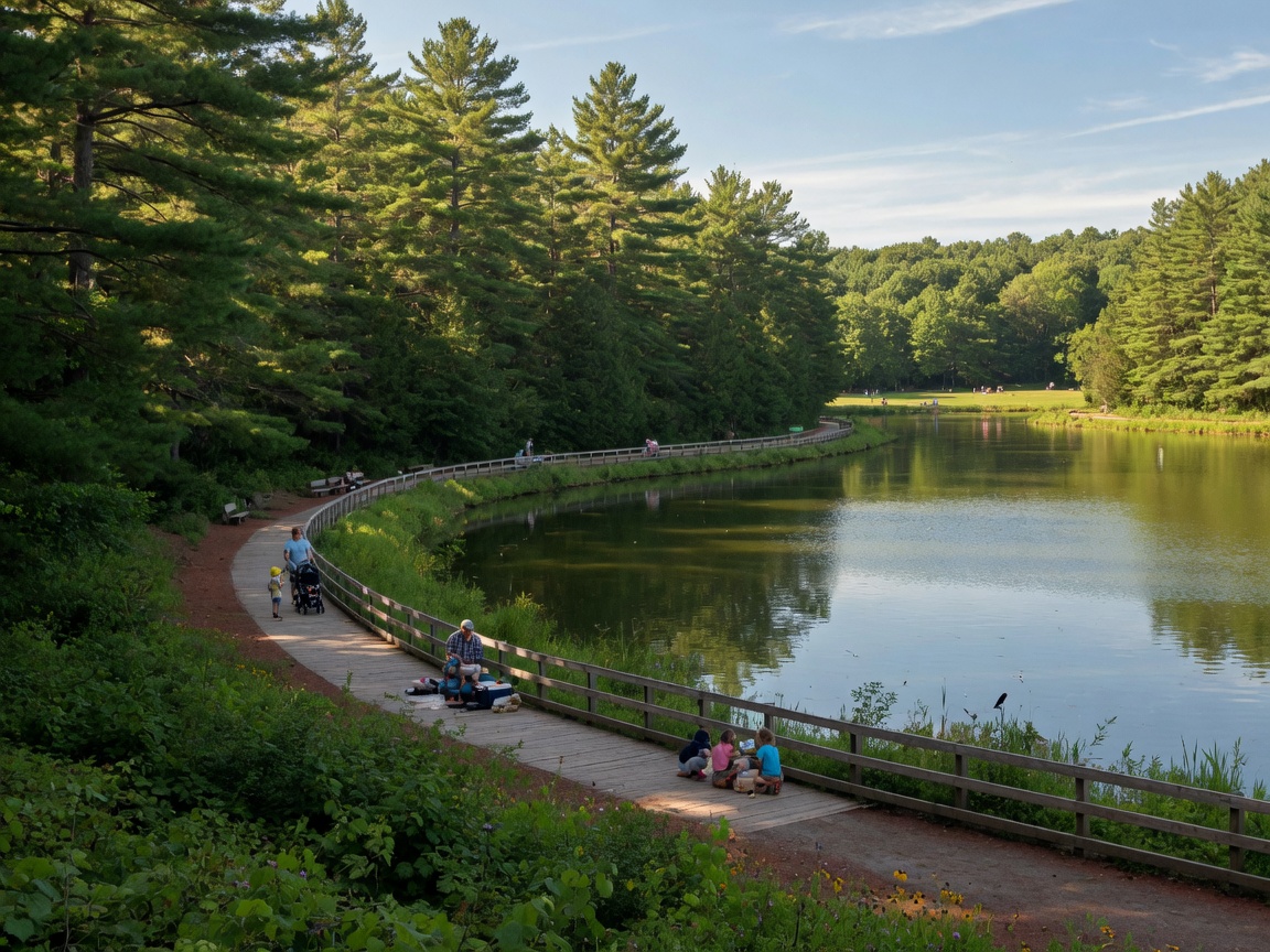 Heart Lake Conservation Area with lush forest and calm reflective water along a nature trail