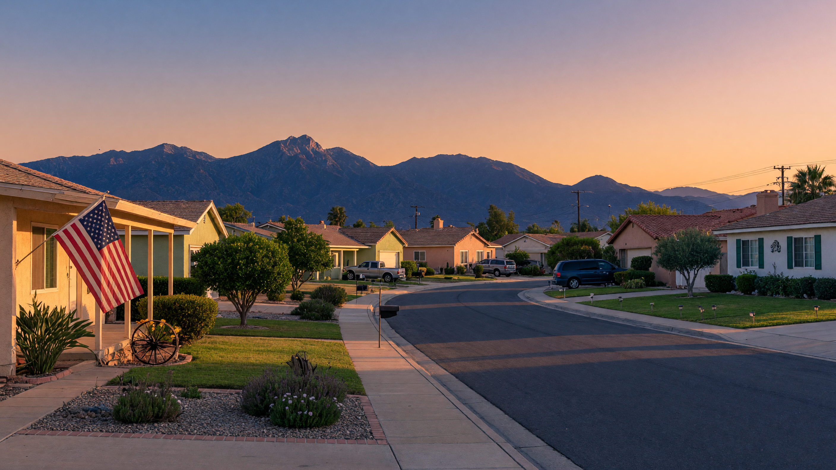 Residential homes along a quiet street in the Beaumont Pass Area with San Bernardino Mountains in the background