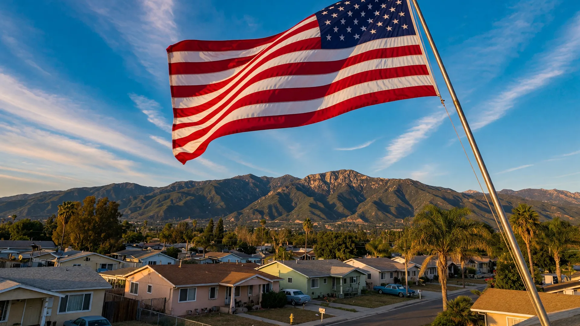 American flag waving against a blue California sky with mountains in the distance, symbolizing the service and sacrifice of our nation's veterans