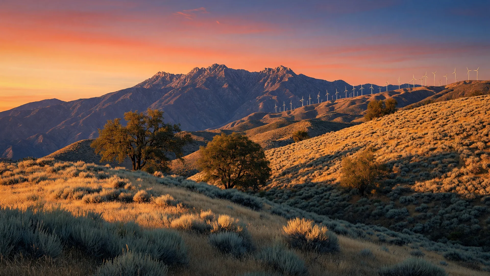 Golden hour view across the San Gorgonio Pass with golden hills and the San Bernardino Mountains under a vivid sunset sky