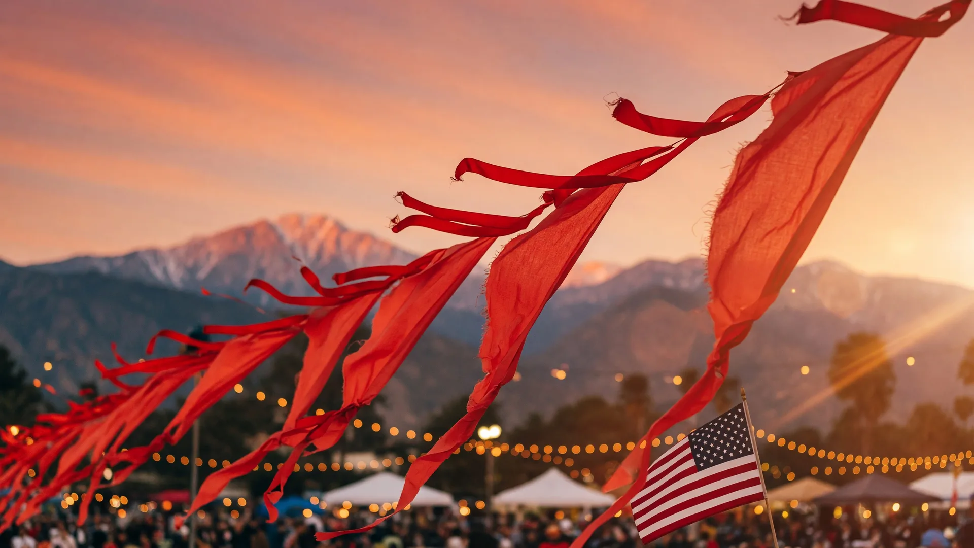 Red ribbons and banners fluttering against a golden Southern California sky with mountains on the horizon, evoking community support for deployed military members