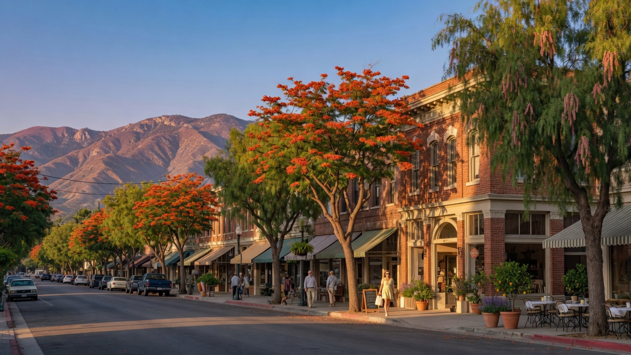 Historic downtown Redlands — tree-lined streets and Victorian architecture