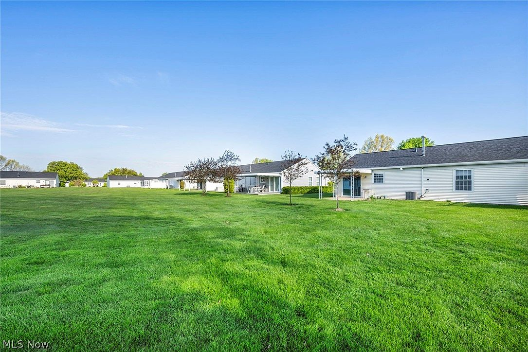 Sprawling backyard with large open lawn and concrete patio