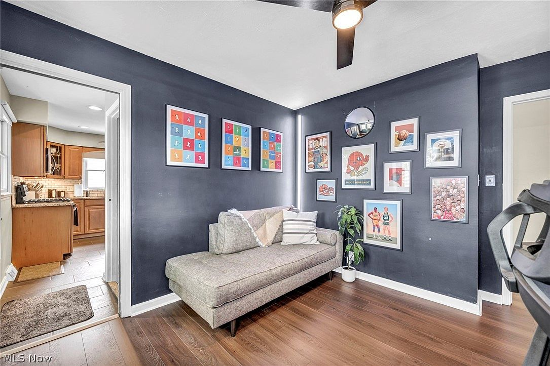 Living room with navy accent wall