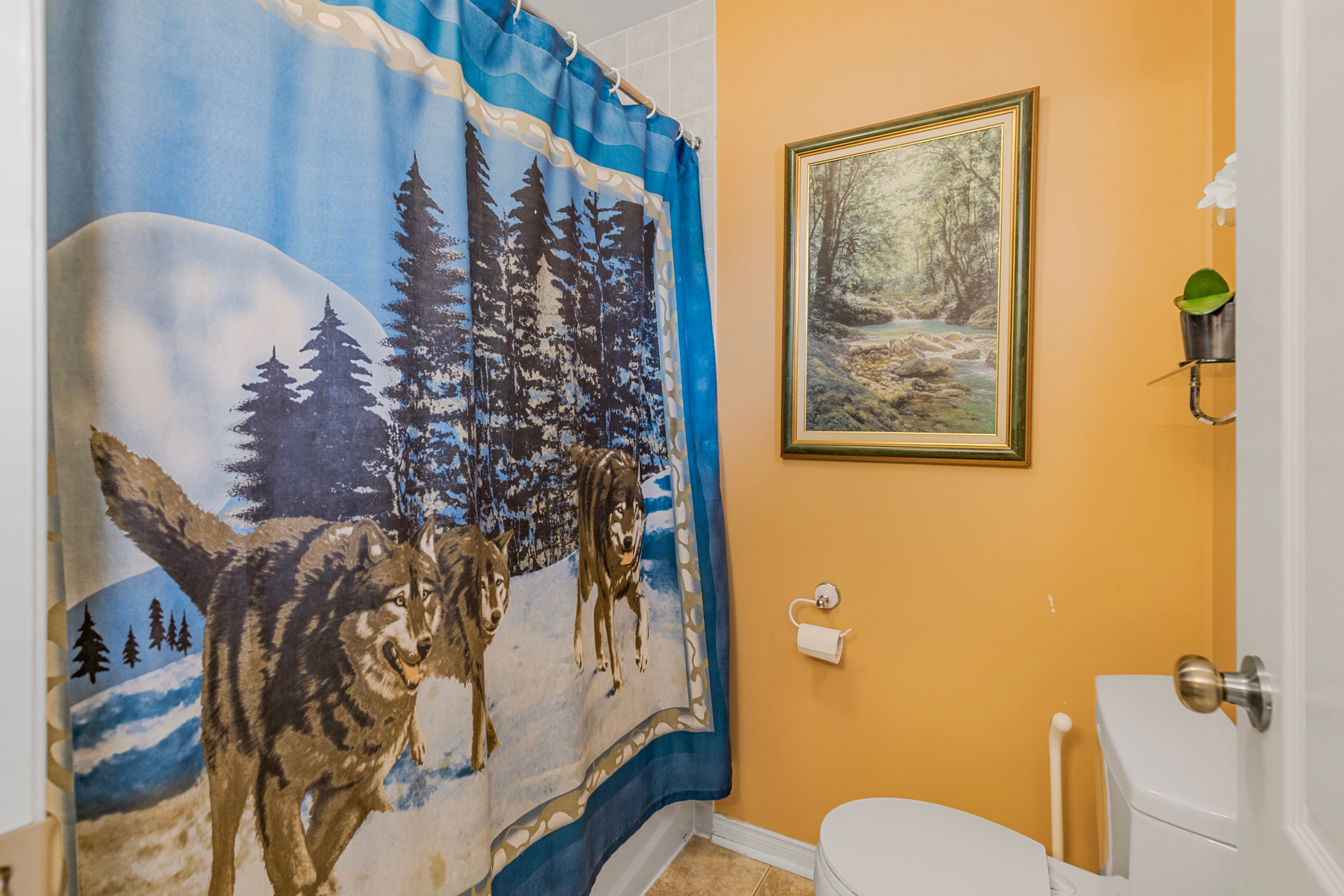 Bathroom with orange walls and tub/shower area
