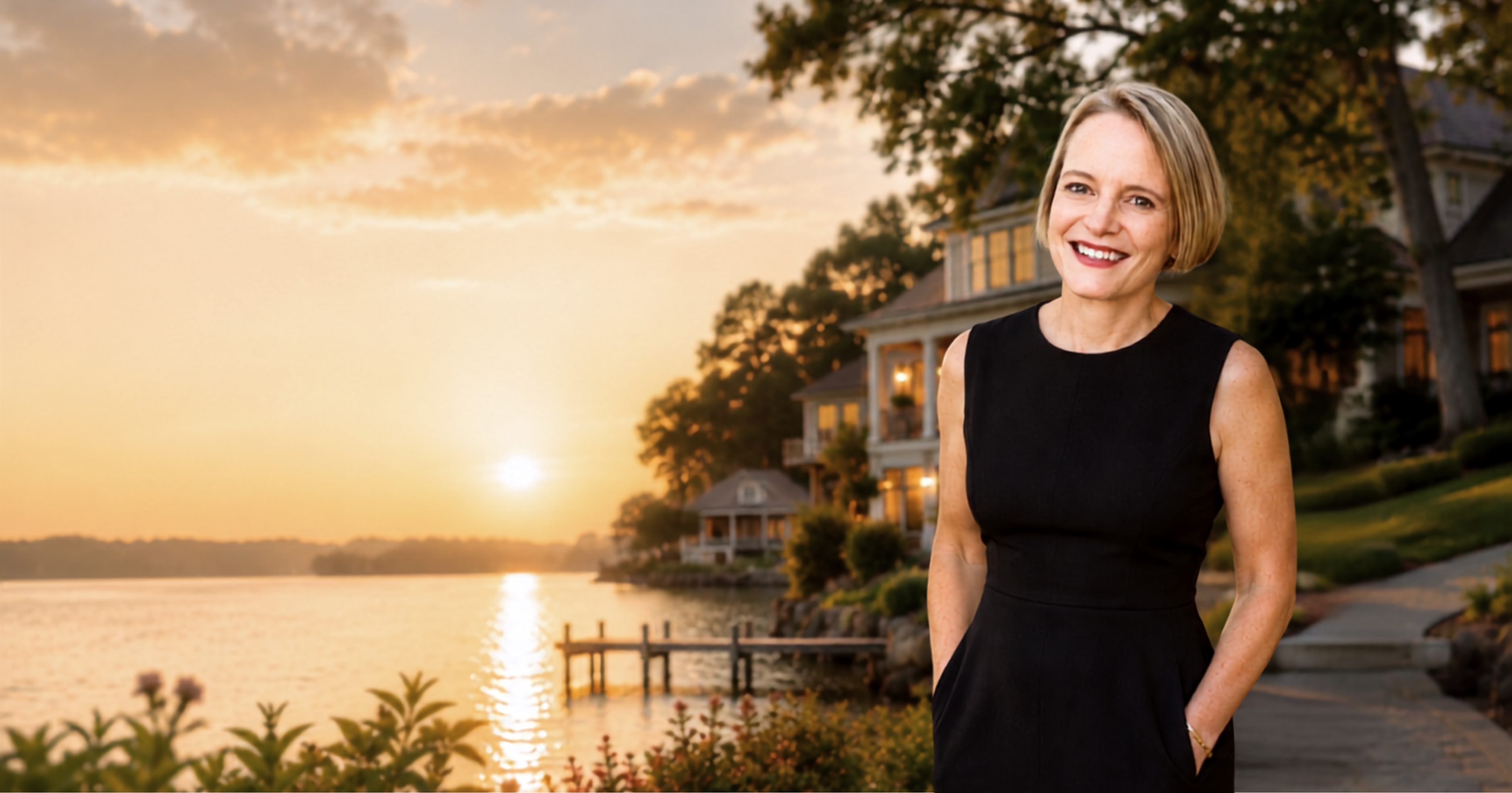 Jill Hydrick in a black dress standing on a waterfront home's stone path at sunset on Lake Murray