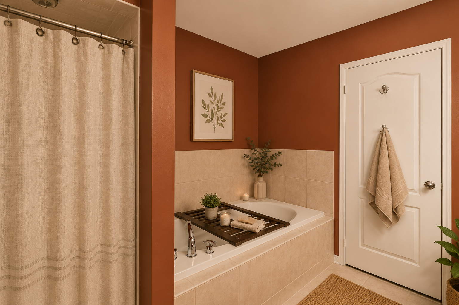 Virtually staged bathroom with soaking tub and spa-inspired accents