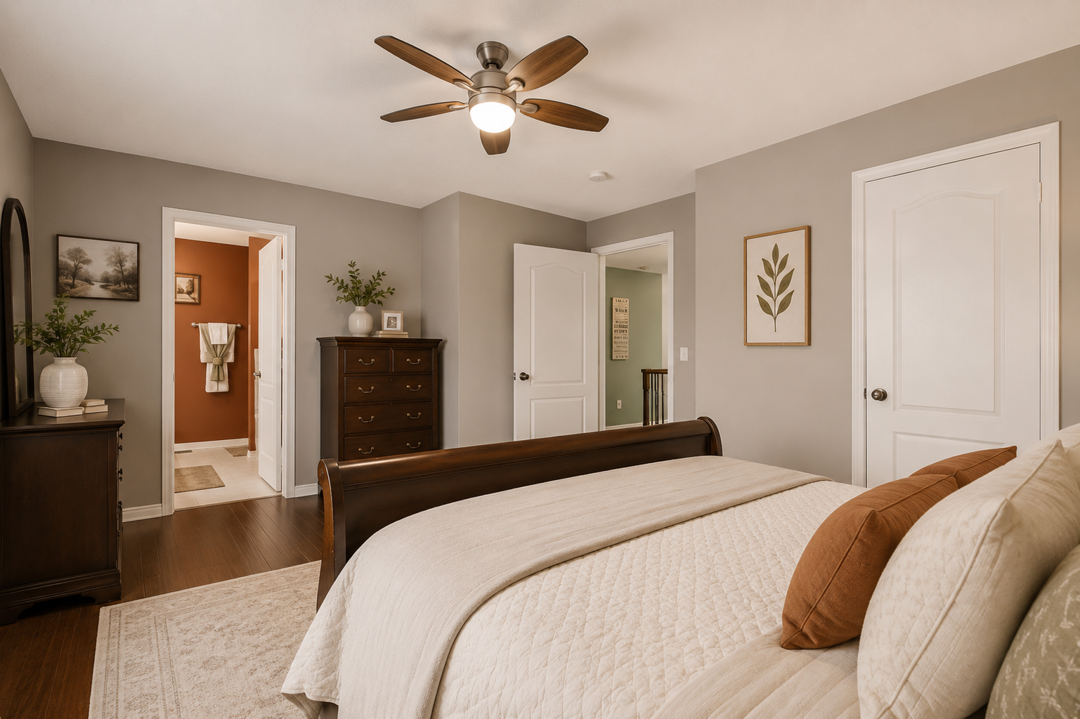 Virtually staged primary bedroom suite with dark wood flooring and tasteful decor