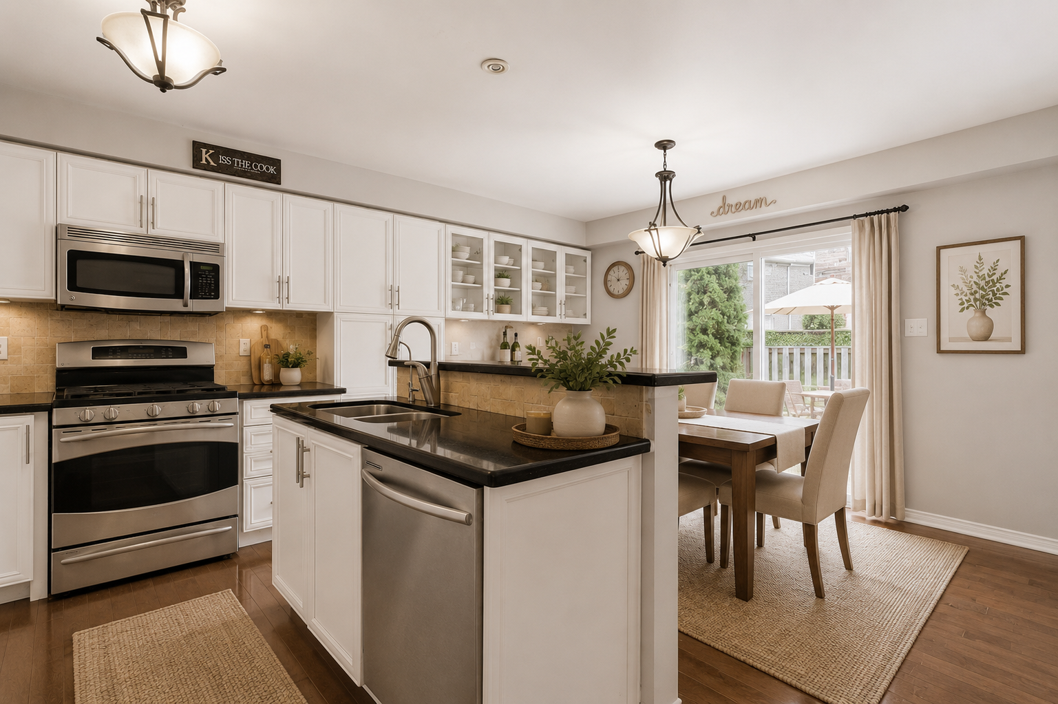 Virtually staged kitchen eat-in dining area with white shaker cabinets and modern table setting