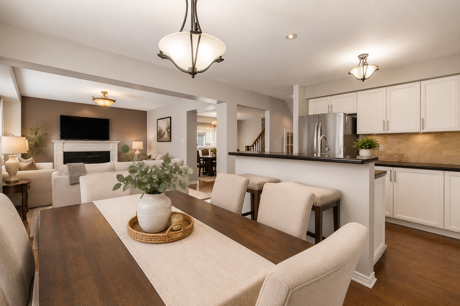 Virtually staged open-concept dining and kitchen area with modern furnishings