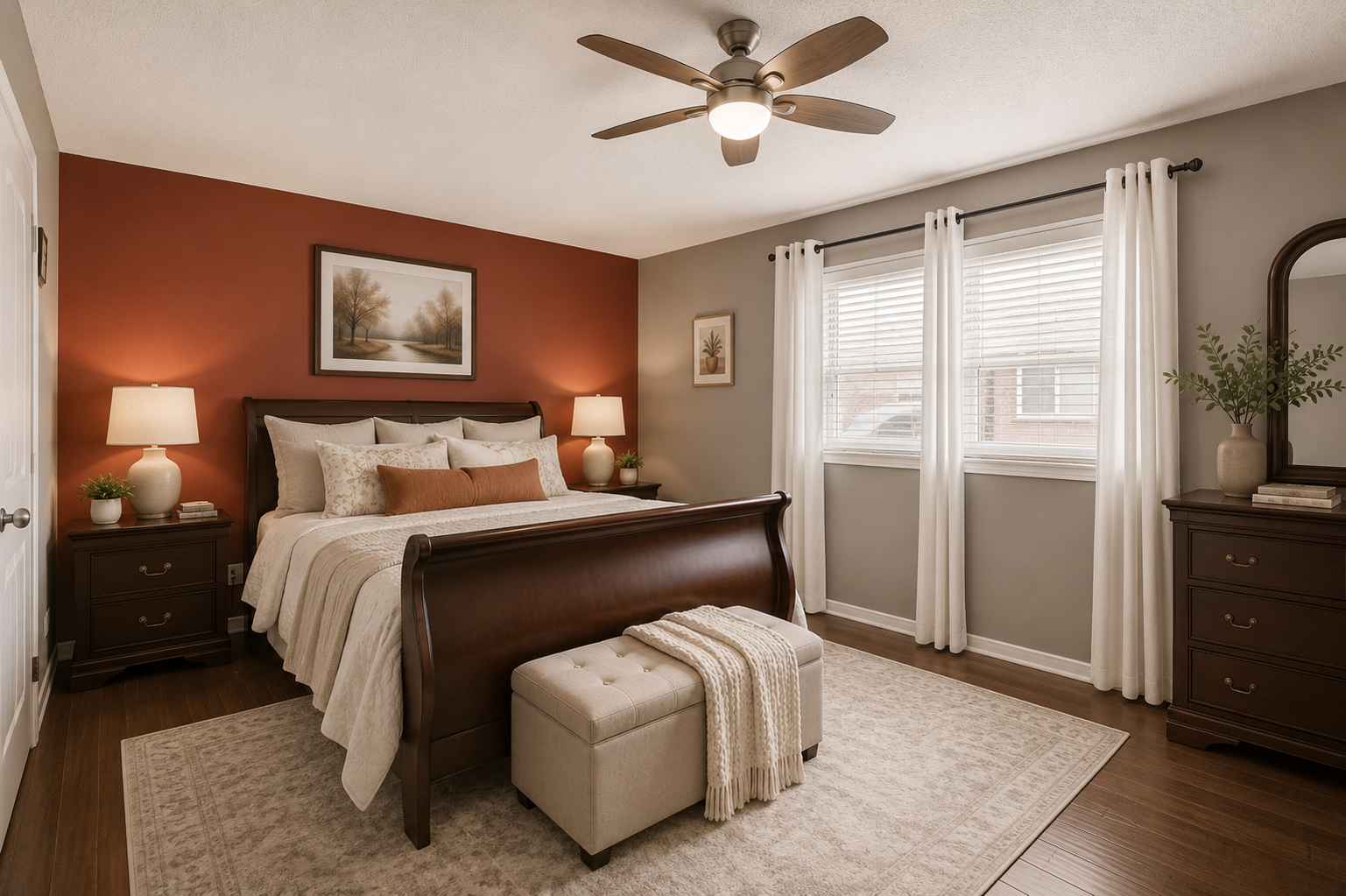 Virtually staged primary bedroom with terracotta accent wall and elegant furnishings