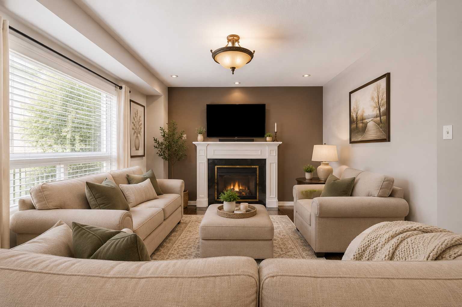Virtually staged living room with fireplace focal point and cozy seating at 56 Lockheed Crescent