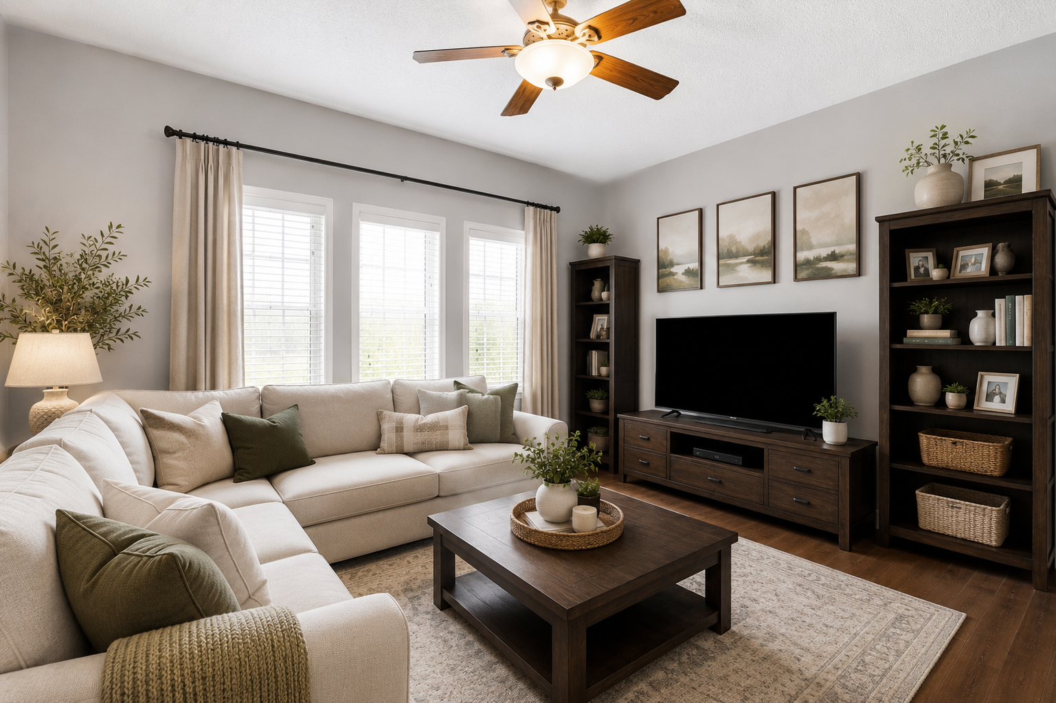 Virtually staged living room with sectional sofa and contemporary decor