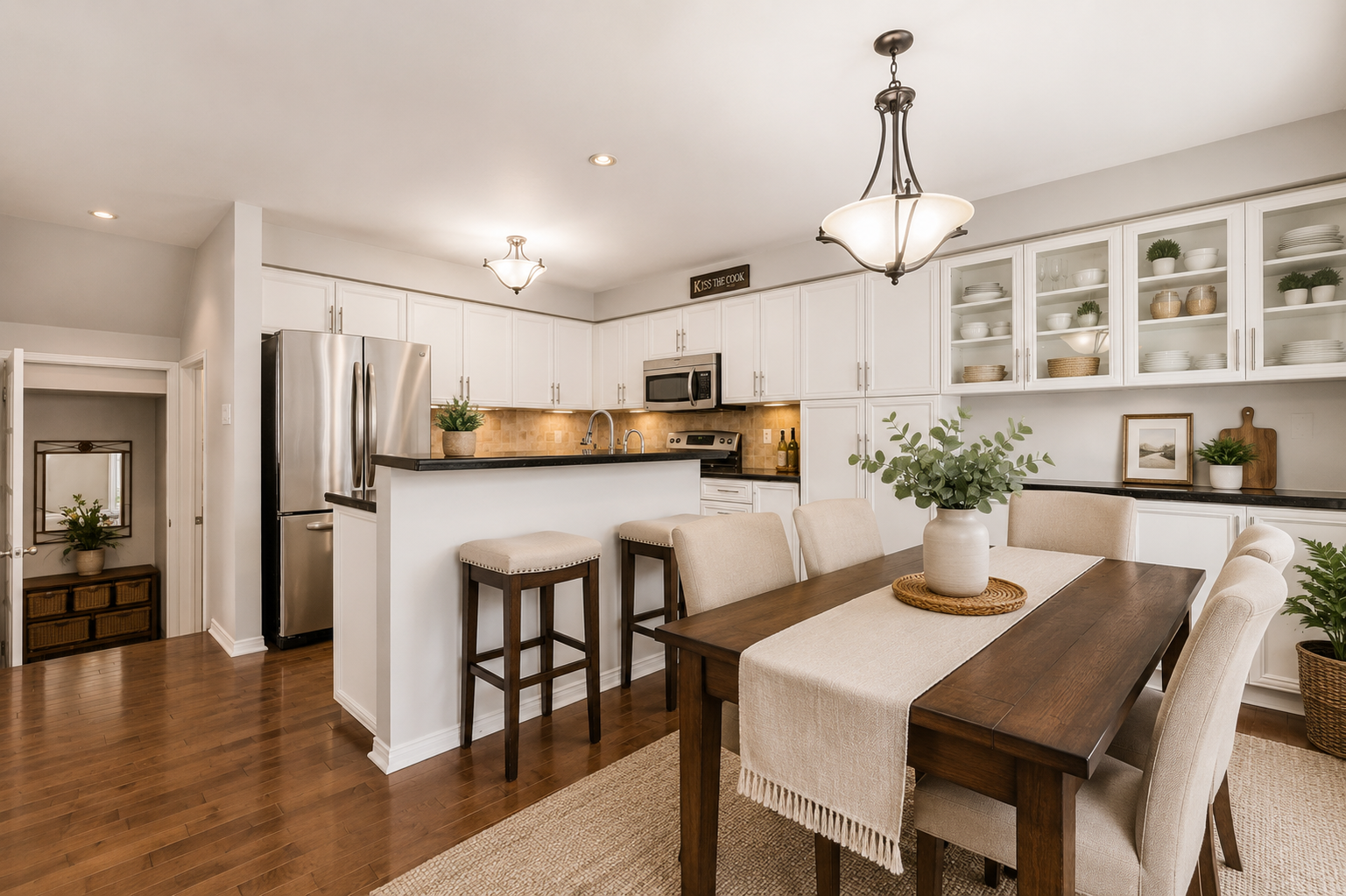 Virtually staged kitchen and dining area with bright, welcoming atmosphere