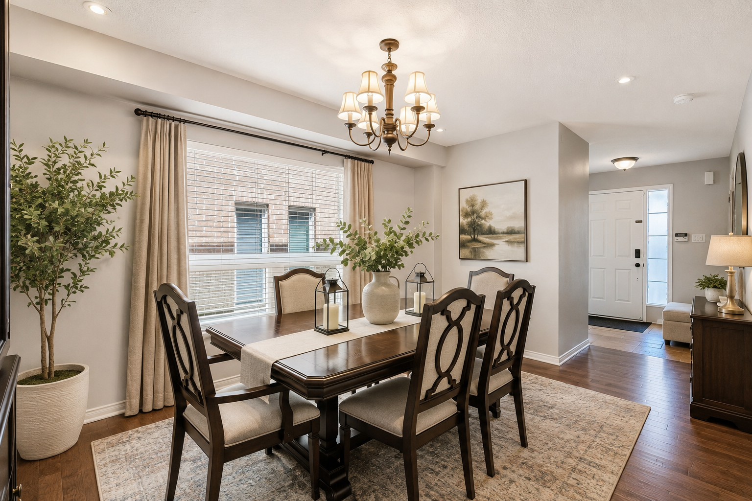 Virtually staged traditional formal dining room with chandelier and upholstered chairs
